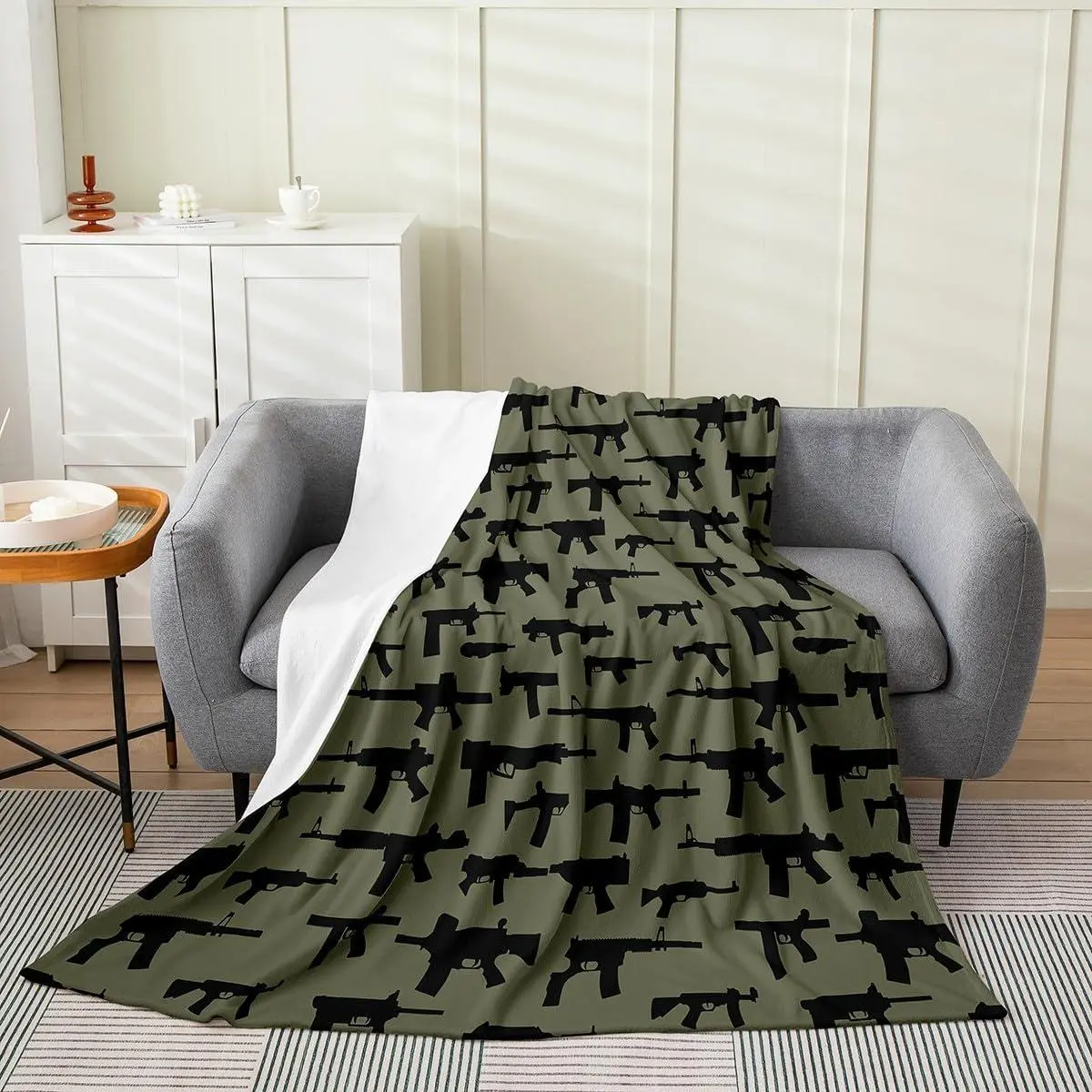 Machine Guns Blanket for Boys Teens Men,Military Theme Throw Blanket Lightweight,Army Rifle Pattern Fleece Blanket Sofa Bed Couch Decor,Army Green Black Bed Blanket All Season,40x50