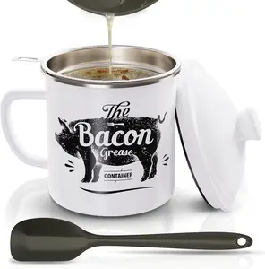 Bacon  Container With Strainer, 46OZ Large Enamel  Container, With  Spatula, Farmhouse Bacon  Keeper, Cooking Oil Container For Kitchen  Storage, Dishwasher Safe-White