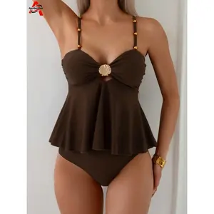 New Summer Solid Color Tummy Control Tankini Set, Women's Slimming Swimwear, Fashion Two-Piece Bathing Suit for Beach