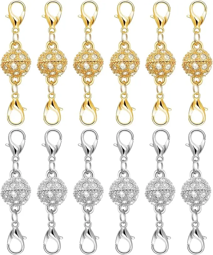 Magnetic Necklace Clasps 14K Gold Silver Lobster Clasp 12Pcs Jewelry Extender Easy Use Rustproof Closures for Necklaces Bracelets Crafting