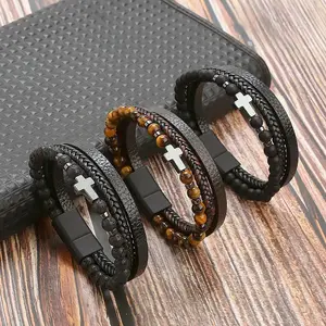 Cross Bracelet for Men Muli-Layer Cross Leather Bracelet Braided Bracelet 19/21cm