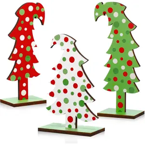 3 pieces of green desktop Christmas tree with bendable small wooden Christmas tree decoration for farmhouse, with rectangular base, suitable for home office desktop decoration Home Decor Ornaments (polka dots)