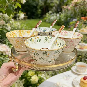 Four-piece ceramic floral dinnerware set, Japanese-style kitchen bowls, decorative bowls for living room and kitchen, four-color dinnerware set, suitable for microwave, oven, refrigerator, and dishwasher(Spoon not included)