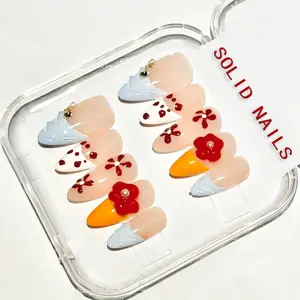 Solid Nails |3D Floral Ocean Beach Press On Nails Handemade Press On Nails REUSABLE 3D Gel Fake nails acrylic press nails/Summer 2025