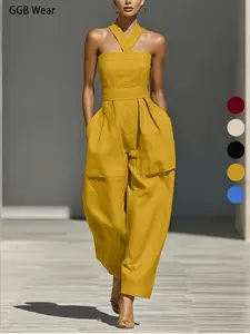 Women's Mustard Linen Blend Romper, Cross Neck Design, Loose Fit, Spring Summer 2026 New Arrival, Comfortable and Stylish