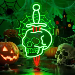 Halloween Skull Neon Light with Knife and Web Design, Gothic Horror LED Wall Lamp, Party Decor for Bar, Bedroom, Man Cave