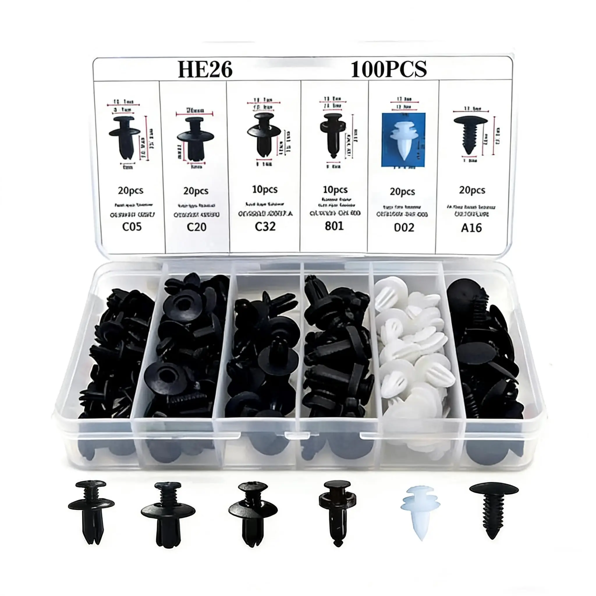 HE26 Universal Heavy-Duty Car Clip Retainer Assortment Kit - 200/100 PCS Auto Repair Tools Fasteners, Various Sizes (C05,C20,C32,B01,D02,A16), Cars Accessories, Fits Bumpers/Radiator Yokes, Organized in 6 Bins Plastic Box