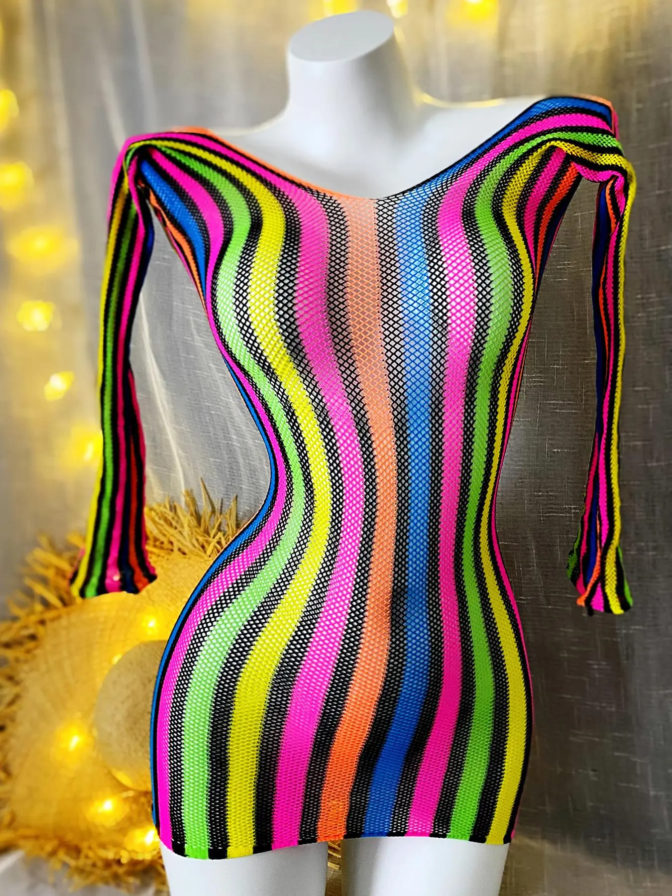 Women's Rainbow Stripe Print Hollow Out Cover Up Dress, Casual Long Sleeve Bodycon Dress for Beach Holiday Vacation, Ladies Swimwear for All Seasons, Swimsuit Cover Ups, Beach Coverups, Beachwear Cover Up, Summer Coverup
