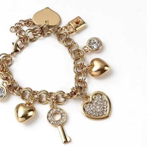 Chic Gold Dangle Bangle with Crystal Accents & Heart Charms, Gold-Plated Adjustable Chain for Women, Ideal Party Wear & Birthday Gift, Bracelets For Women, Gold Dangle Bracelets & Bangles