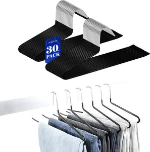 Pants Hangers 30 Pack Non Slip,Trouser/Blanket/Jeans Hangers for Closet Space Saving,Open Ended Pants Hanger Strong Durable (Black)(White) Metal Organiser Hanging Light
