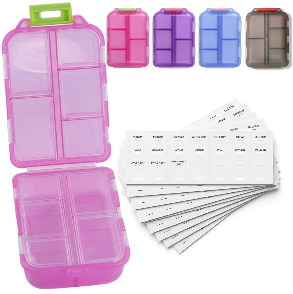 7-Day Lightweight Pill Organizer - 10 Compartments, Date Label Stickers, Colorful Transparent Design for Medication, Vitamins Planning (Home Supplies Organizer)