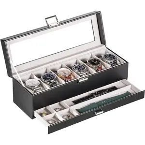 Watch Case for Men 6 Slot Display Case with Clear Glass Lid 2 Layer Mens Watch Box Organizer Black PU Leather Soft Velvet Lining Ideal Gifts