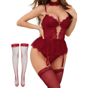 Sexy Lingerie Set for Women Lace Bodysuit Rhinestones Heart Underwire with Garter Belt & Stockings Teddy Babydoll