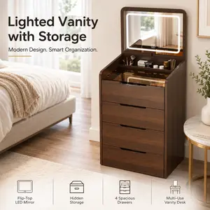 Super Vanity Desk with Flip Top Mirror 60cm Makeup Vanity Set Walnut Dressing Table with Glass Desktop 3 Drawers Small Compact Beauty Desk for Bedroom Apartment Dorm Makeup Table Storage Organizer Bedroom Furniture