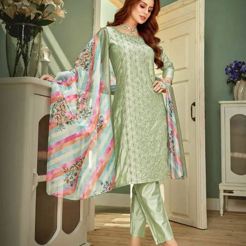 Mint Green Silk Blend Kurta Set with Thread Embroidery - Long Sleeve Kameez, Dupatta, and Bottom in Green, Fully Stitched Design - Women's Top & Bottom