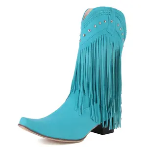 Mid Calf Fringe Boots For Women Cowboy Pointed Toe Chunky Heels Cowgirl Western Tassel Boots Red Synthetic Pull-On Winter Footwear