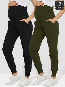 Maternity Solid-Color Ruched High-Waisted Pants with Pockets, Casual Comfy Trousers for Fall and Winter, Maternity Bottoms for Pregnant Women, Pregnancy Clothes, Maternity Clothing