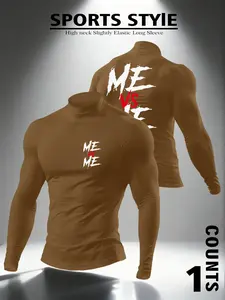 Men's High Neck Long Sleeve Slim Fit Warm Top, Casual Graphic Letter Pattern Kint Fabric, Summer Fashionable Clothing for Men, Fitted