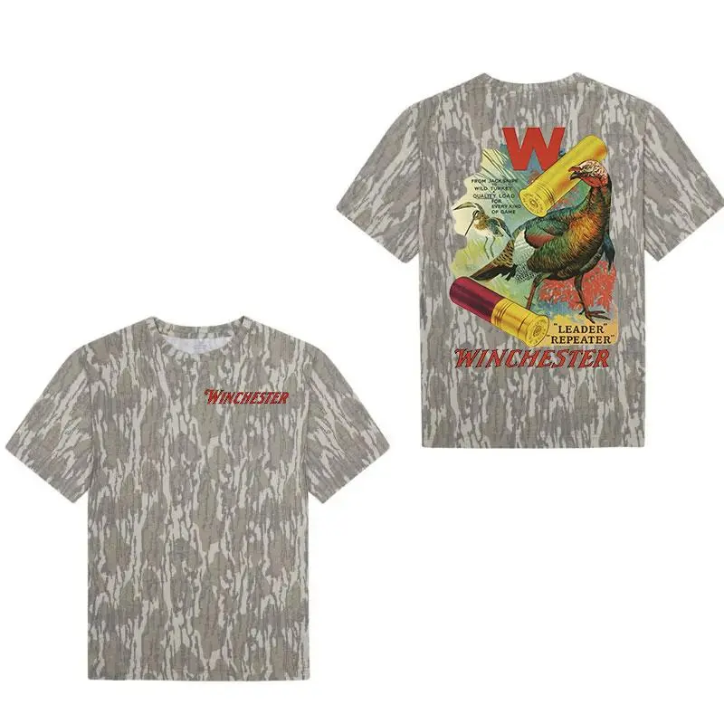Winchester Hunting Camo T-Shirt with Shotgun Shells and Bold Leader Repeater, Hunting Gear, Outdoors & Hunting Lifestyle Camo T-Shirt, Full Color, Full Size