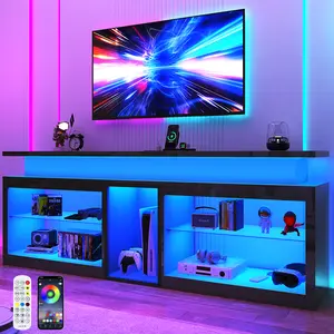 71"/80.7" LED TV Stand with Power Outlet,60-Colors LED Lights For 65 70 80 90 in TV,High Gloss Gaming Entertainment Center w/Adjustable Shelves,TV Console with Modern Design for Living Room Bedroom (Black/White)