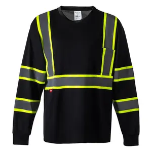 ProtectX Hi Vis Shirt Long Sleeve Reflective Men's High Visibility Safety T-Shirts for Construction Class 2-3 Type R With Pocket Hi-Viz Long