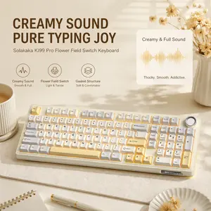 Solakaka KI99 Pro 96% Tri-Mode Custom Mechanical Keyboard, Bluetooth/2.4G/USB-C Gaming Keyboard, Hot-Swappable Gasket Mount, Flower Field Pre-Lubed Switches, Creamy Sound, RGB Backlit, Knob Control, Beige White Keyboard for PC/Laptop