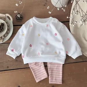 Spring Autumn Baby Two Piece Set Colorful Flower Embroidery White Sweatshirt + Pink Striped Loose Long Pants Toddler Outfit