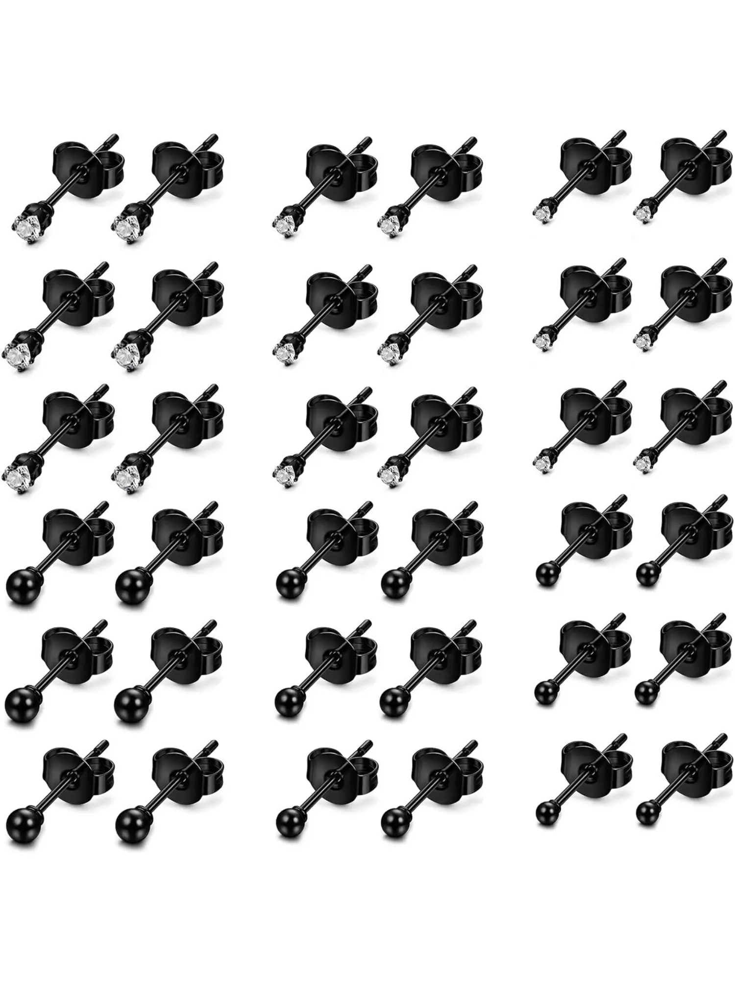 Cool 18 Pairs Black Tiny Stud Earrings 2/3/4mm Stainless Steel Ball Mini Ear Studs for Women Men Shining Cubic Zirconia Earrings Set