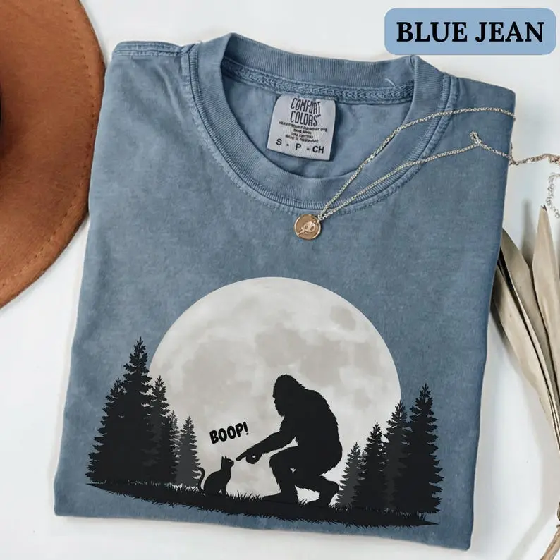 Comfort Colors Bigfoot Boop Shirt, Funny Sasquatch Cat Graphic Tee, Vintage Cryptid Moon T-Shirt, Woodland Adventure Shirt, Bigfoot Lover Gift