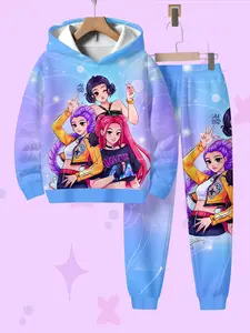 Girls' Sweatsuit Matching Set, Cute 3D Printed Cartoon Sportswear, Long Sleeve Hooded Sweatshirt Pullover and Jogger Pants, Fashion Casual Trendy Gift Choice, Sweatpants