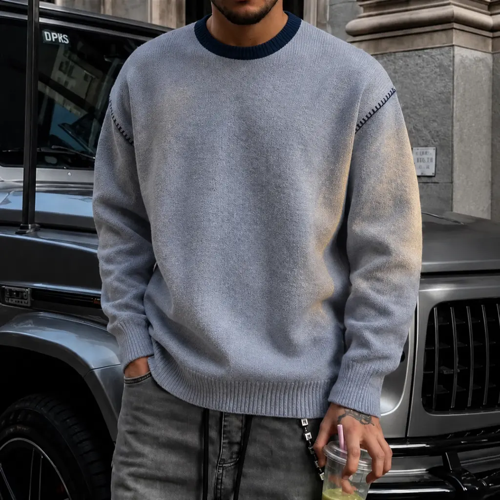 Men's Oversized Crewneck Knit Sweater, Fall Winter Contrast Stitching Pullover Jumper. Long Sleeve Drop Shoulder Knitwear Top, Casual Y2K Streetwear Slouchy Sweaters for Autumn. Vintage Aesthetic Minimalist Everyday Cozy Outfits.