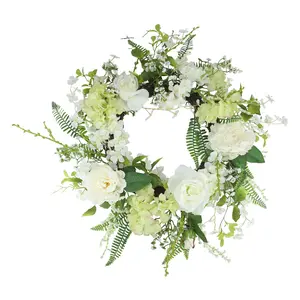 Northlight White & Yellow Roses Flowers & Leaves Spring Wreath