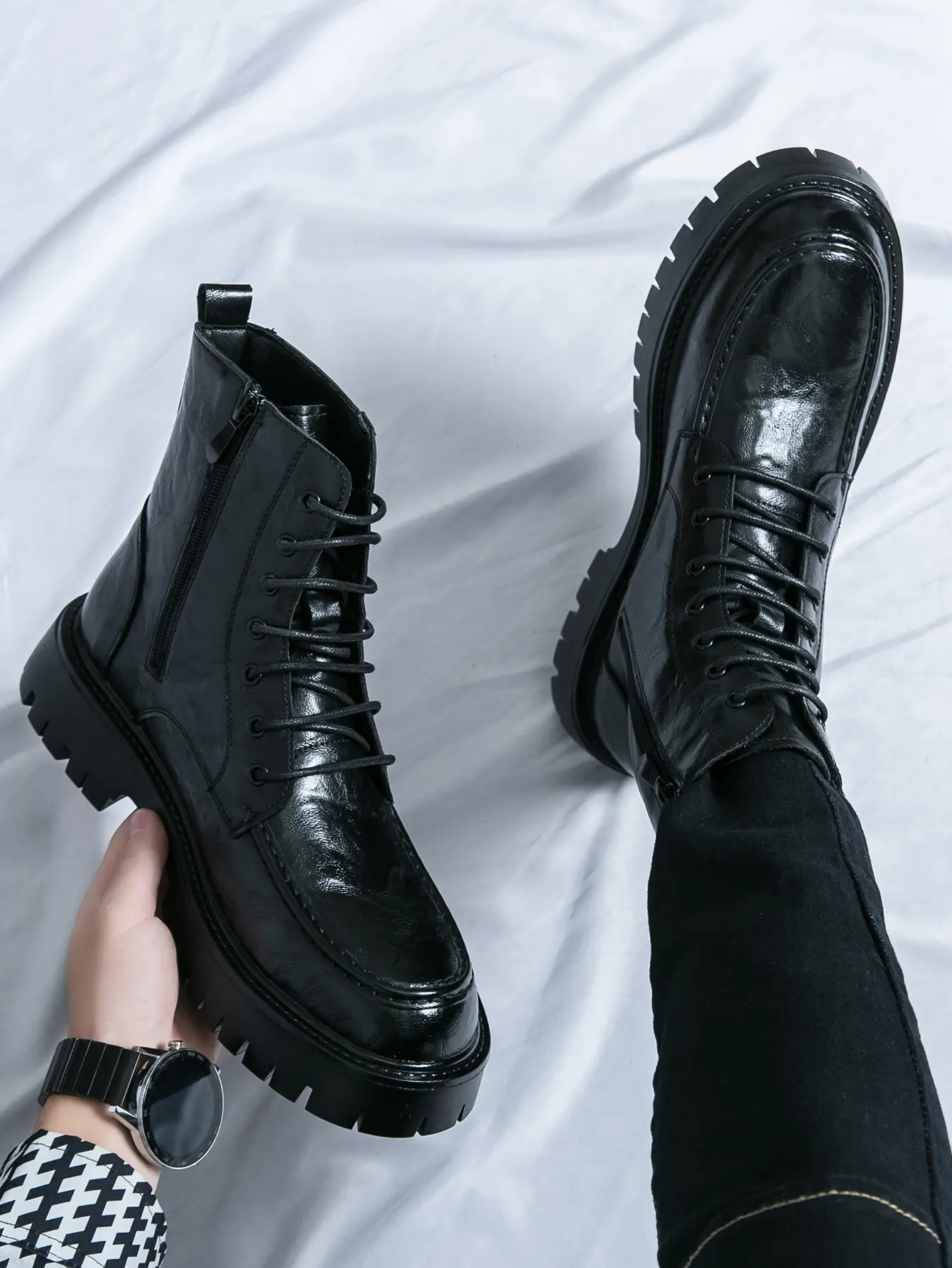Men's Fashionable Solid Color Lace Up Ankle Boots Casual Comfortable Boots  Male All-match Trend Shoes Men's Leather Platform Combat Boots Fashion Lace Up Side Zipper Lug Sole Non-Slip High Top Motorcycle Boots Comfort Outdoor Waterproof chelsea  boot