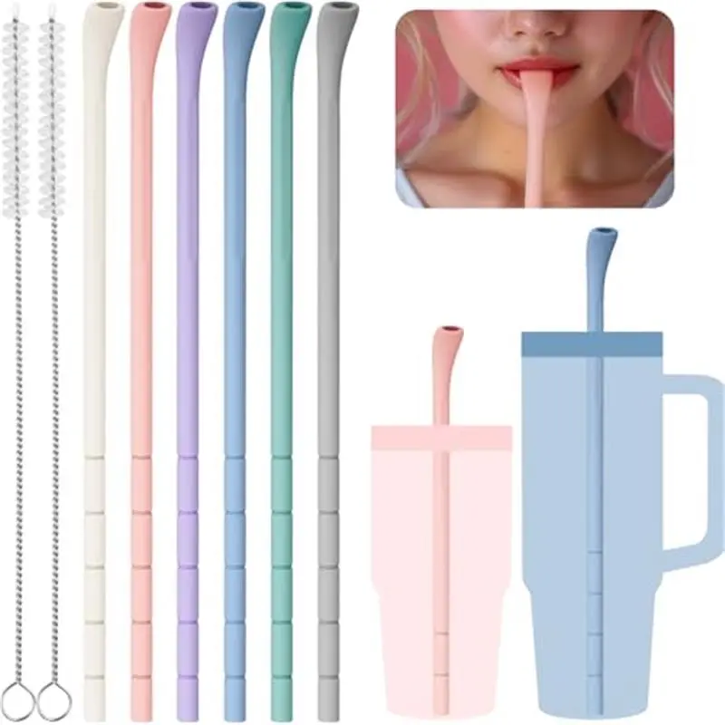 6PCS Colorful Adjustable Wrinkle-Free Silicone Drinking Utensils with Brushes, Fits 40oz/30oz Stanley Tumblers & Various Size Cups, Reusable Lip-Friendly Straws (Macaron)