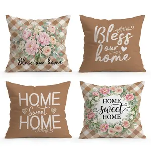 4pcs Simple Brown Plaid Floral Pillow Covers, Single-Sided Print, No Insert, Suitable for Living Room Bedroom Home Decor, All Seasons