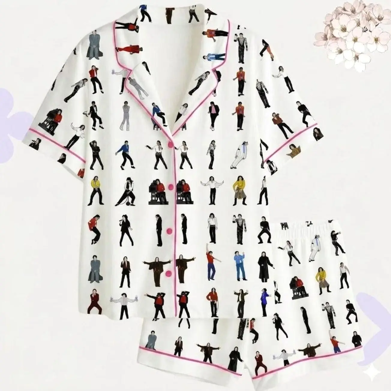 Pop Music Dancer Satin Pajama Set, Women’s Graphic Sleepwear, Button Down Unisex Lounge Set, Music Fan Gift