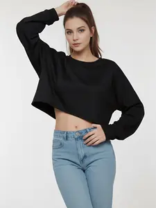 Street Style Short Crop Sweatshirt for Women, Loose Fit Batwing Sleeve Design, Comfortable Long Sleeve Top for Sports and Daily Wear