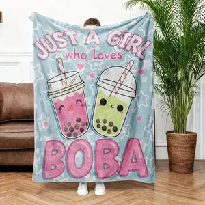 Cute Boba Tea Anime Style Plush Blanket Soft Flannel Light Blue for Suitable for Sofas Beds Machine Washable Multicolor Knitted Fabric blush home comfort teen bedroom decor Coquette Micro Fleece Air Conditioning Gift Funny Face birthday celebration