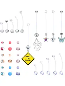 15PCS Plastic Pregnancy Belly Button Rings Long Bar Navel Rings for Maternity Sport Pregnant Women Flexible Clear Acrylic Dangle Belly Rings with Different Length Bar and Balls for Replacement