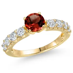 14K Yellow Gold Red Garnet and Lab Grown Diamond Engagement Ring For Women | 2.30 Cttw | Round 6.5MM | Gemstone January Birthstone