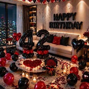 53PCS Red Black Birthday Balloon Decorations Set, Happy Birthday Number Balloons with Garland Kit, Romantic Bedroom Party Backdrop Decor, Photo Props for Anniversary Surprise