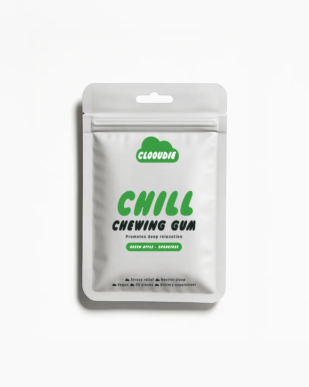 Clooudie Chill Chewing Gum, Green Apple Favor, 30 Gum, Calm & Ease Stress Support, Gaba, Clinically Tested, Vegan & Non-GMO, Sugar Free