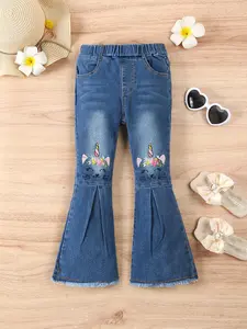 Girl's Cat Embroidery Pocket Flare Leg Jeans, Flared Jeans, Cute Elastic Waist Bell Bottom Denim Pants for Daily Wear, Kids Bottoms for All Seasons