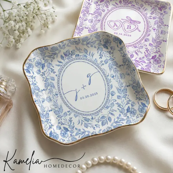 Personalized Toile De Jouy Ring Dish, Gift For Couple, Locked Jewelry Dish, Wedding Gift For Bride, Engagement Gift, First Anniversary