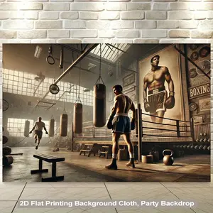 2D Flat, 1pc Realistic Boxing Gym Backdrop with Boxers, Punching Bags & Championship Belts - Heavy-Duty Wall Hanging for Gym, Training, Parties, Boxing-Themed Events - Authentic Ring Decor (No Setup Required)