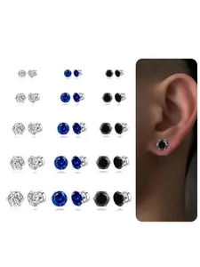 15 Pairs Magnetic Stud Earrings Cubic Zirconia Non-Piercing Earrings Set Clip on Fake Earring Jewelry for Women Men 4-5-6-7-8MM White Black Blue Red Color Stainless Steel Earrings, Solitaire Earrings