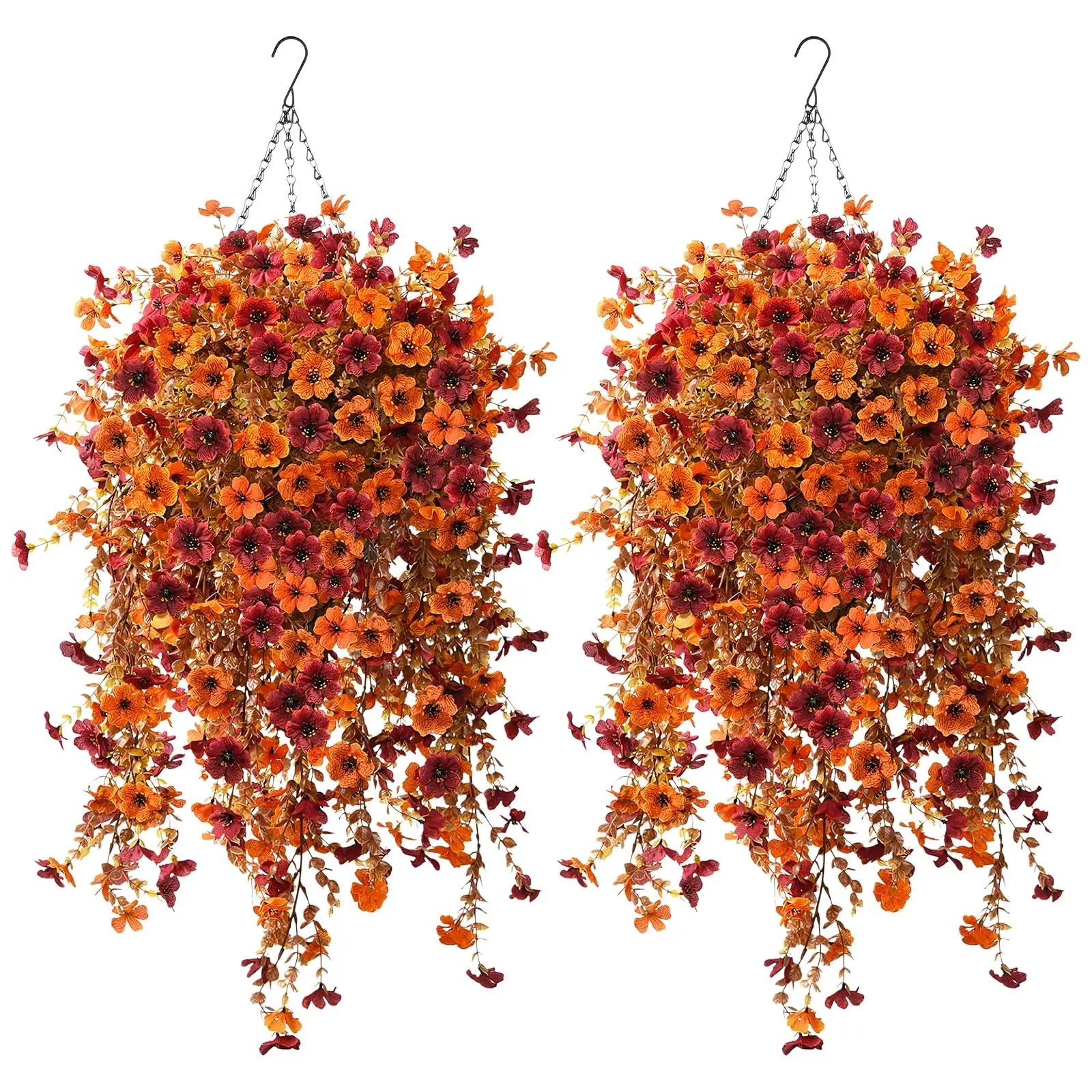 2 Set Artificial Fall Flowers with Hanging Baskets Faux Silk Flower in Planter with 28 Pcs Fake Plants Plastic Faux Mums Autumn Plants for Home Outside Porch Garden Yard Patio Decor