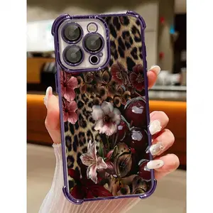 Purple Electroplated Leopard Print Flower & Cherry TPU Cellphone Case for iPhone Devices - Shockproof, Anti-Scratch, Anti-Drop, Dark Academia Aesthetic with Lotus Design, Ideal Birthday Gift Accessory, Accessories