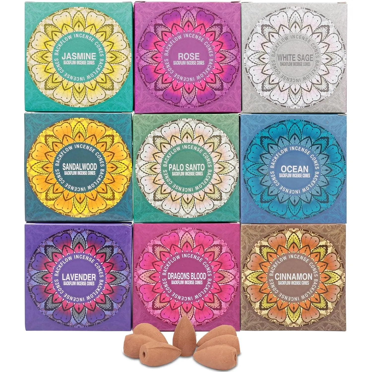 9-Piece Backflow Incense Cones Gift Variety Pack - Home Fragrances with White Sage, Dragons Blood, Palo Santo, Jasmine, Lavender, Ocean, Sandalwood, Cinnamon, Rose Scents for Waterfall Aromatic Smoke Fountain Haze Falls, Fragrance Gift for Anniversary