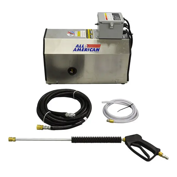 Commercial Wall Mount Electric Pressure Washer - Hot/Cold Water Model with Attachment, Undercarriage Washer, Secondary Timer, Dual Water Line, 0 Emissions for Auto Detailers & Detail Shop Bays, Trigger Gun Equipped